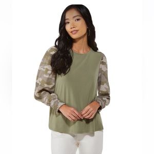 CATO Camo Smocked Sleeve Top Size Medium
